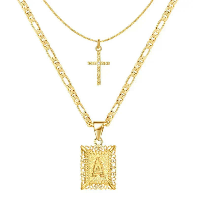 Cross Initial Necklace Set | Gold