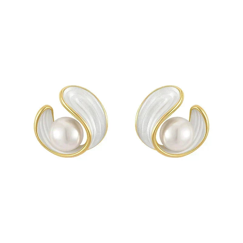 Gold Swirl Pearl Stud Earrings